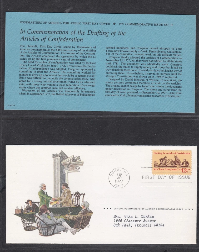 USA 1977 FIRST DAY COVER DRAFTING THE ARTICLES OF CONFEDERATION + CARD + CACHET - Image 1 of 1