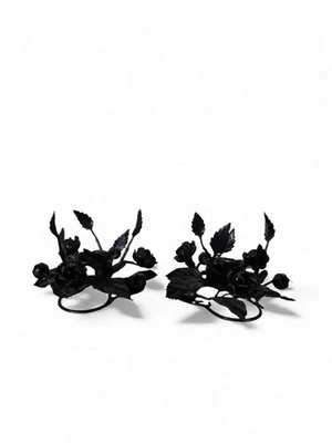 Pair Black Wrought Iron Rose Candle Holder Centerpieces Floral Decor Table - Image 1 of 4
