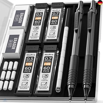 Nicpro 2 Stücke Schwarz Druckbleistifte Set mit Etui, Automatische Metall