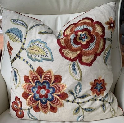 Pier 1 One Pillow Embroidered Flowers Decorative 18x18" Down Filled Form - Image 1 of 4