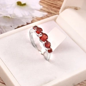 Round Cut Red Garnet Half Eternity Ring 925 Sterling Silver 5 Stone Ring For Her - Picture 1 of 12