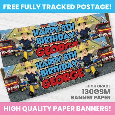 HAPPY HIPPO PARTY SUPPLIES FIREMAN SAM BIRTHDAY BANNER PERSONALISED ANY NAME PHOTO PARTY BANNERS