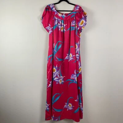 Maxi Vestido Hilo Hattie Hawaiano Floral Talla XL Rosa Manga Corta Bolsillos Foto 1 de 4