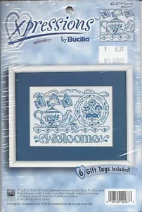 Welcome Bluework ~ Bucilla Expressions Stamped Embroidery Kit 5x7 w 6 Gift Tags - Picture 1 of 2
