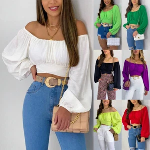 Women Backless Lace-up Crop Top Long Puff Sleeve Summer T-shirt Blouse Size 6-18 - Picture 1 of 27