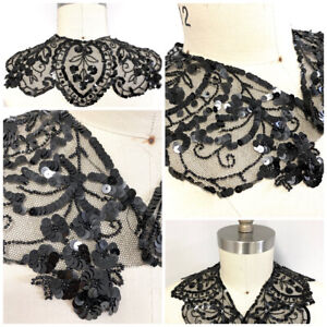 Vintage Embroidered Net Sequin Beaded Collar Black Sew On Possibly Victorian