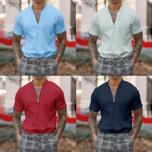 Summer Shirts Tops T-Shirt Zipper V Neck Short Sleeve Slim Fit Men Work Tunic - Picture 1 of 29