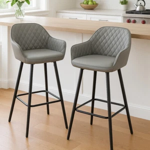 Set of 2 Bar Stools Ergonomic Armrest Breakfast Bar Seating Faux Leather Grey - Picture 1 of 12