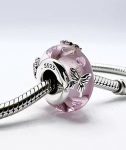 Pink Murano Glass Butterfly Charm Bead Genuine 925 Sterling Silver π - Picture 1 of 9