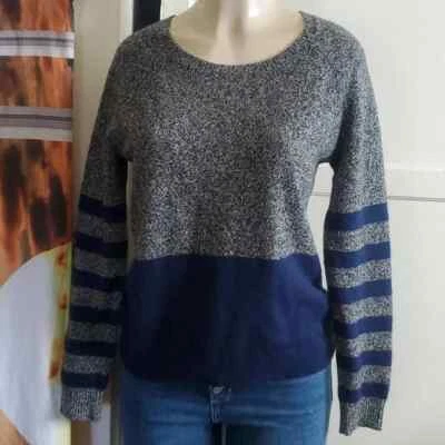 Wallace Merino Wool And rabbit Hair Striped Pullover Sweater Gray an Blue Size M - Image 1 of 4