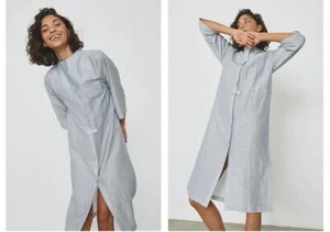 Lunya Linen Silk Long Tunic Robe Striped White Blue Stripe - Picture 1 of 7