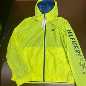 Tommy Hilfiger Mens Neon Green Long Sleeves Hooded Windbreaker Jacket Size Large - Picture 1 of 5