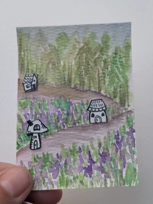 Tarjeta de arte original ACEO dibujo medios mixtos cabañas en el bosque firmadas por el artista  Foto 1 de 2
