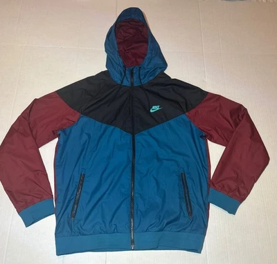Jaqueta Nike masculina grande azul vermelha azul-petróleo Windrunner com capuz zíper completo colorblock - Imagem 1 de 4