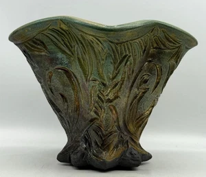 RAKU Pottery VASE Stoneware Vessel Matte Green Iridescent Finish - Picture 1 of 14