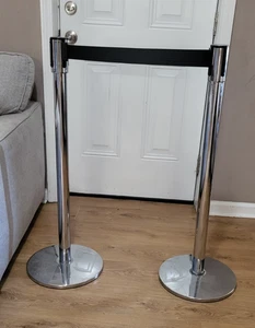 Pair - Uline Chrome Crowd Control Posts with Retractable 7ft Belt Tensabarrier - Picture 1 of 9