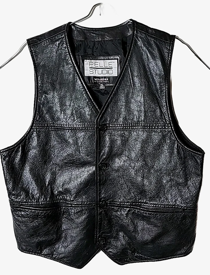 Wilsons Men XL XLarge Pelle Studios Black Button Down Leather Vest - Image 1 of 4