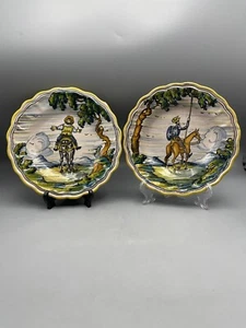 Antique Spanish Talavera Pottery Plates Don Quixote Pancho Villa 7.5” - Picture 1 of 10