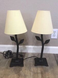 Two Pottery Barn Wrought Iron Ivy/Vines Bedside Lamps with Lamp Shades