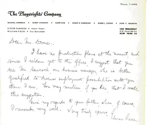 RARE ELMER RICE - 1960-ISH HANDWRITTEN, SIGNED LETTER PLAYWRIGHTS' CO. LETTER - Picture 1 of 4