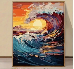 Art Canvas 'Sunset Glow Wave' Frameless Ocean Themed Decor 16 x 24in - Picture 1 of 2