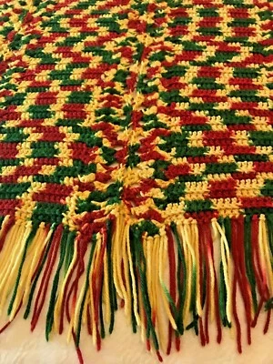 De colección Crochet Afghan Throw Ladrillo Verde Oscuro Rojo Dorado Amarillo 5" Flecos 48"x70" Foto 1 de 4