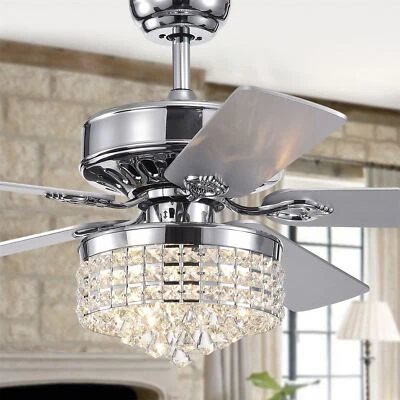Letta Chrome  52-Inch 4-light 5-Blade Lighted Ceiling Fan Crystal Shade w Remote - Image 1 of 4