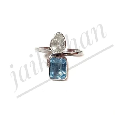 Anillo de diamantes Polki de plata esterlina 925 con piedras preciosas de aguamarina regalo para joyería de esposa Foto 1 de 4