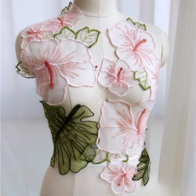Lotus Floral Applique Patch Organza Leaf Embroidery Lace Sew on for Dress Gown - Image 1 of 4