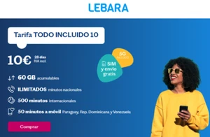 TARJETA SIM PREPAGO LEBARA CON 60 GB + LLAMADAS ILIMITADAS + INTERNACIONALES - Imagen 1 de 2