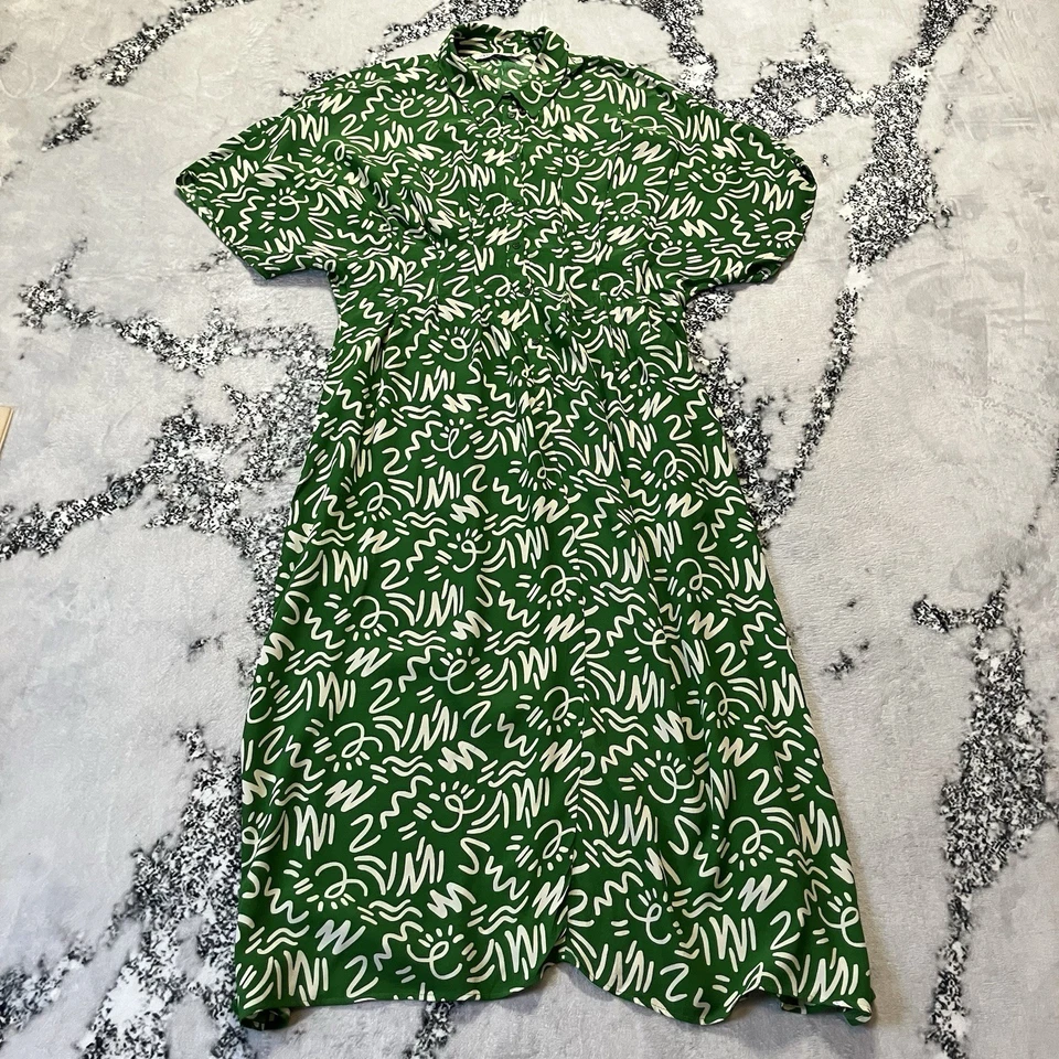 Платье женское Zara размер XL The Elora зеленое и белое с принтом миди на пуговицах - Изображение 1 из 4