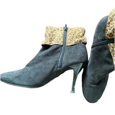 Newport News Negro Gamuza Estampado Leopardo Tacón de Aguja Botines Tobillo 9.5B Foto 1 de 4