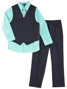 Infant & Toddler Boys Suit Black Mint Dress Up Outfit Shirt Vest Tie & Pants - Picture 1 of 1