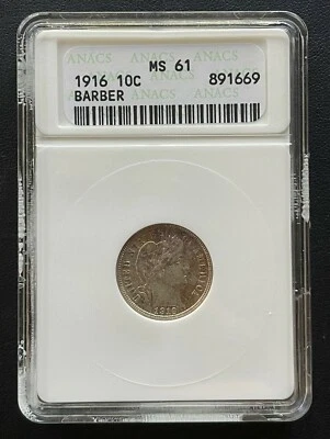 Moeda de prata 1916 P barbeiro, MS 61 antigo suporte ANACS, muito boa de alta qualidade - Imagem 1 de 4