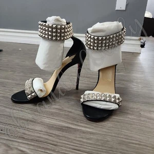 CHRISTIAN LOUBOUTIN PRIYADORA BLACK LEATHER SPIKE HEELS SANDALS 37.5 WITH BOX  - Picture 1 of 7