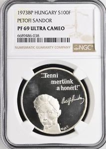 1973-BP Hungary Silver  100 Forint 150th Anniv. of Sandor Petofi - NGC PF69 UC - Picture 1 of 2