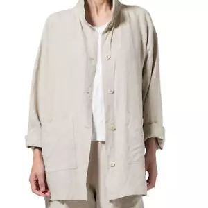 EILEEN FISHER STAND COLLAR LONG JACKET ORGANIC LINEN UNDYED NATURAL SZ S /M LAST - Picture 1 of 2
