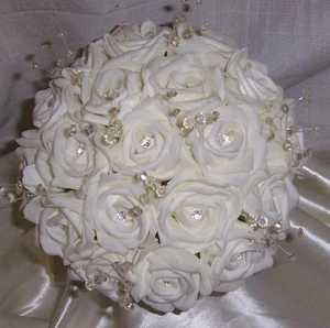 Posy bouquet Bride Bridesmaid Artificial wedding flowers Roses Crystals Diamanté - Picture 1 of 45