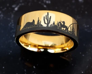 Unisex Golden Tungsten Horse Cactus Desert Western Ranch Wedding Ring Band - 8mm - Picture 1 of 3