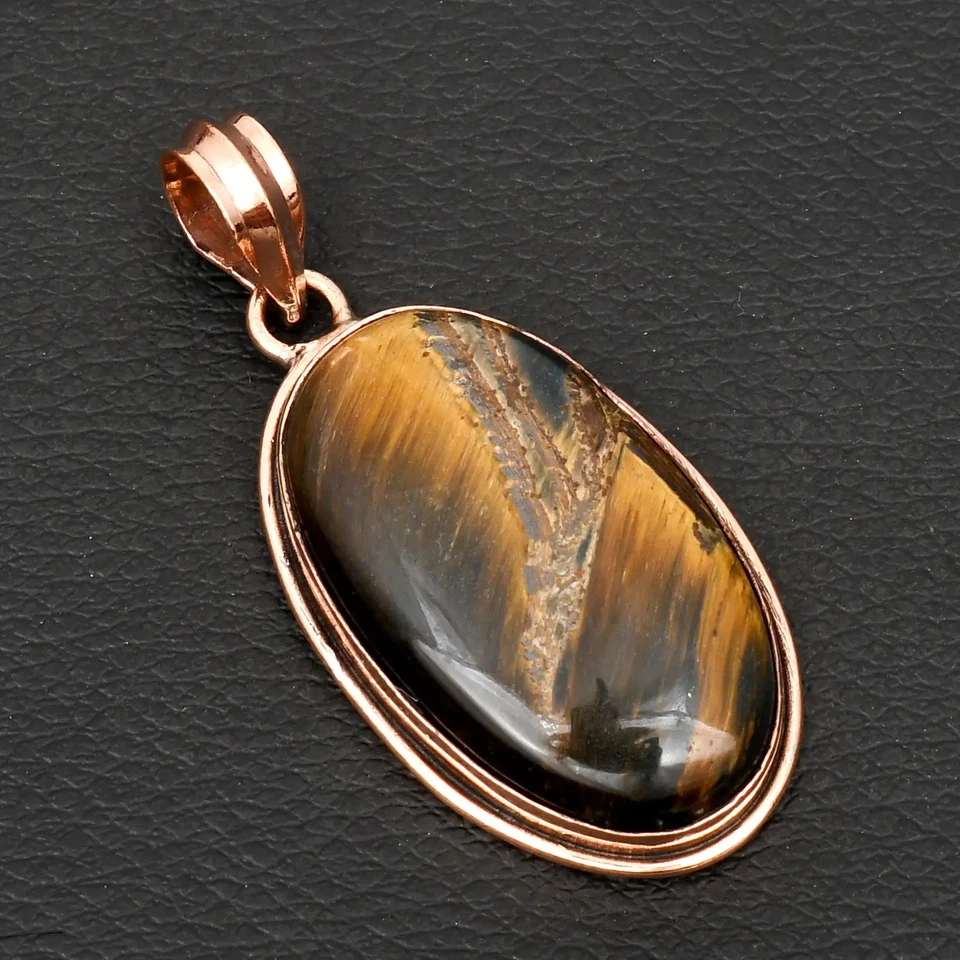 Pingente de cobre puro étnico feito à mão com pedra preciosa olho de tigre 2,12" AP-18743 - Imagem 1 de 1