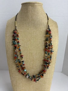 Multi-Gemstone Necklace 26” Colorful Chip Beads Sterling Artsy Boho Fun Hippie - Picture 1 of 6