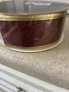 2.5" x 50 Yards Burgundy & Gold Glitter  Wired  Holiday Ribbon - Picture 1 of 4