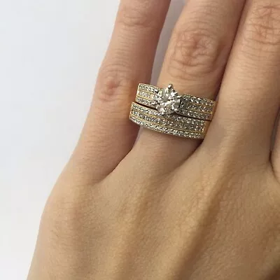 1.60 Ct Round Brilliant and Princess Cut Diamond Engagement Wedding Set 18k Gold - Image 1 of 4