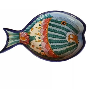 Fish trinket dish colorful blue trim bright colors handmade in Greece ocean sea  - Picture 1 of 9