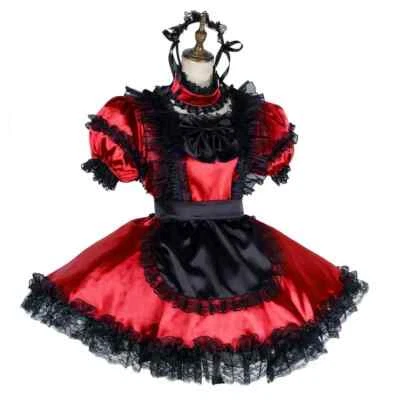  Lockable Maid Dress Uniform Short Puff Sleeve Satin Maid Dress Cosplay Costume  - Image 1 of 4