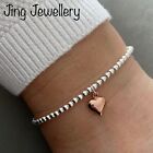 Sterling Silver Stretch Beaded Stacking Bracelet Rose Gold Puffed Heart Charm