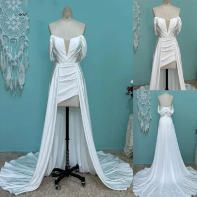 White/Ivory Wedding Dresses High Low Satin Off the Shoulder Beach Bridal Gowns - Image 1 of 4