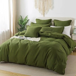 Waffle Duvet Cover Set In Moss Green 100% Cotton Duvet With 2 Pillowcase Button - Picture 1 of 4