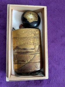 Inro Antique Edo Gold Landscape Lacquerware Mountain Netsuke Wood Carved ToolBox - Picture 1 of 16