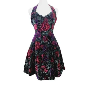 Vtg Steppin Out 1980's Gold Lined Velvet Floral Beaufont Halter Mini Dress Sz 3 - Picture 1 of 8